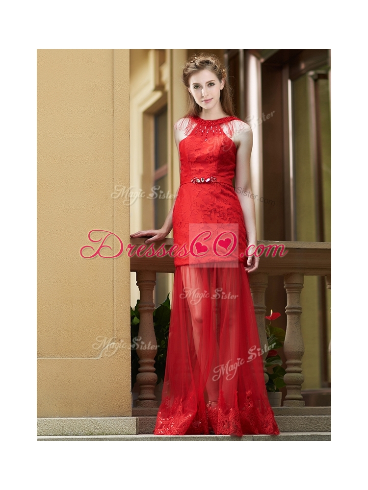 Cheap Belted Red Long Bridesmaid Dress in Tulle and Lace