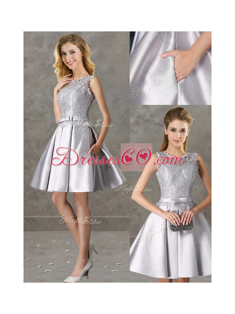 Classical Laced and Bowknot Scoop Bridesmaid Dress in Silver