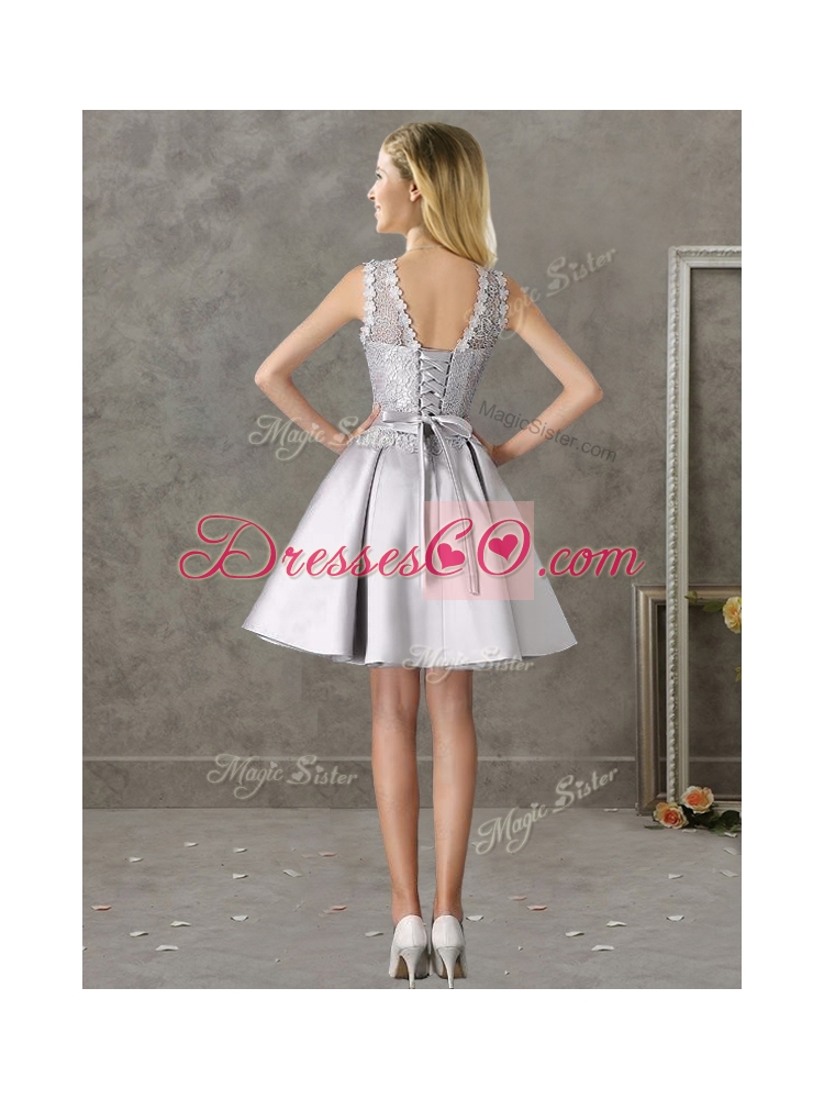 Classical Laced and Bowknot Scoop Bridesmaid Dress in Silver