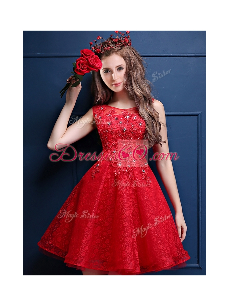 Classical Scoop Red Bridesmaid Dress with Appliques and Beading