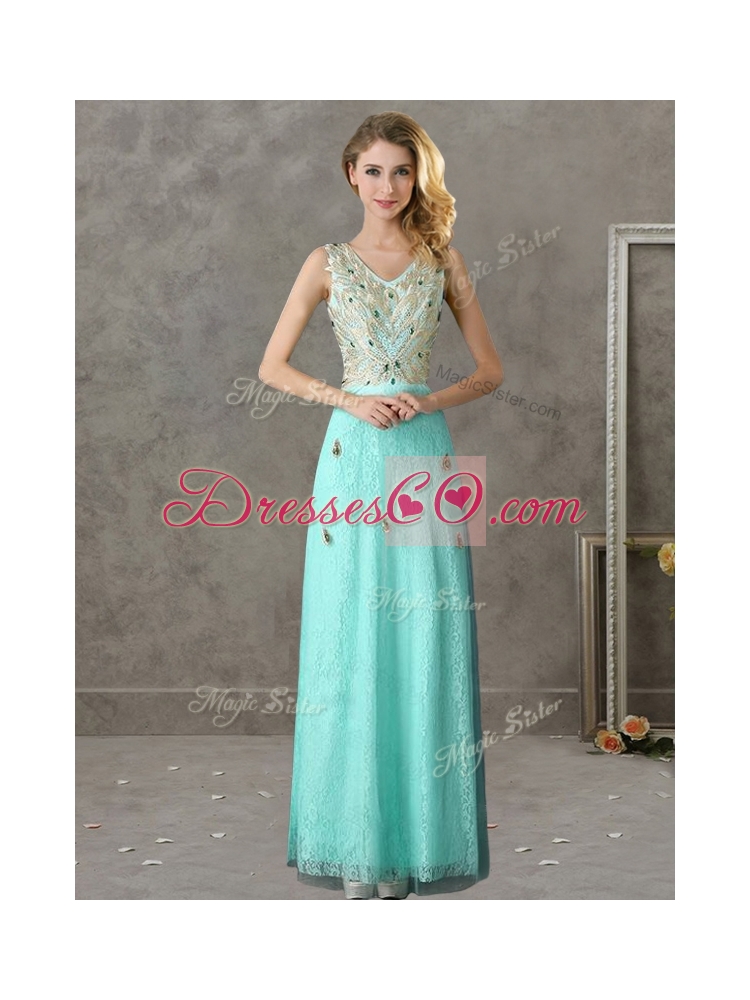 Discount Beaded and Applique V Neck Bridesmaid Dress in Apple Green