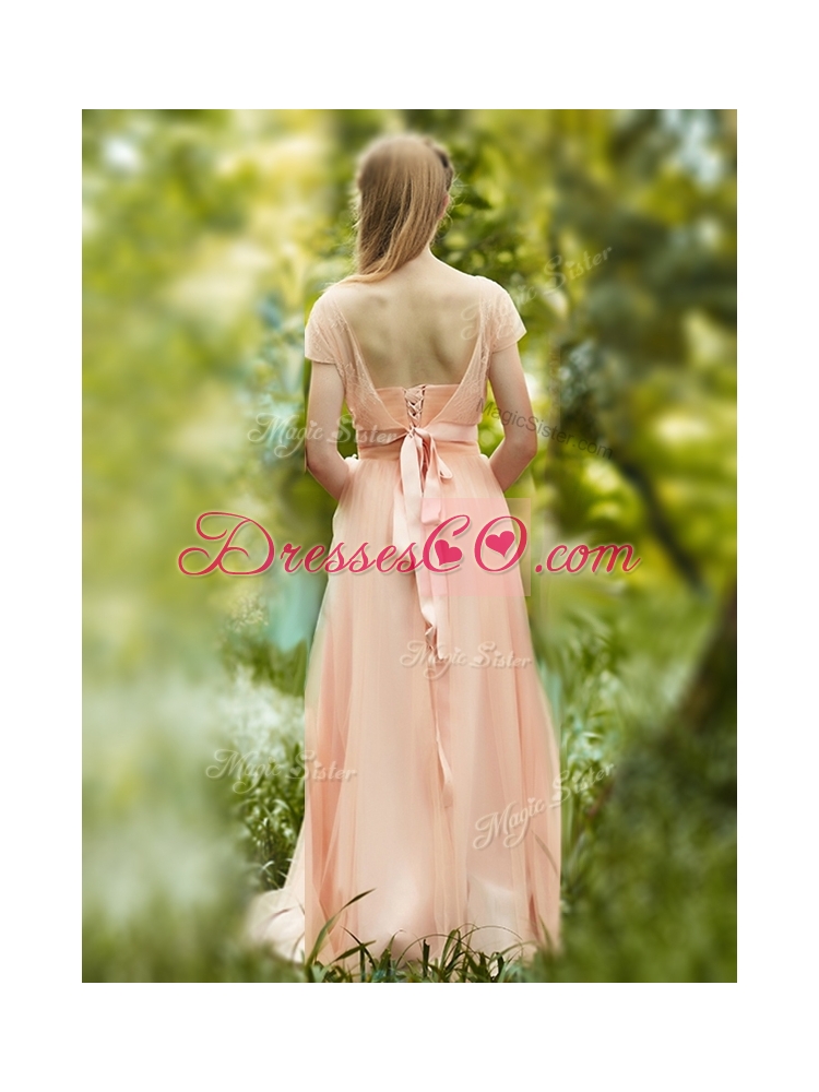 Elegant See Through Scoop Short Sleeves Bridesmaid Dress in Peach