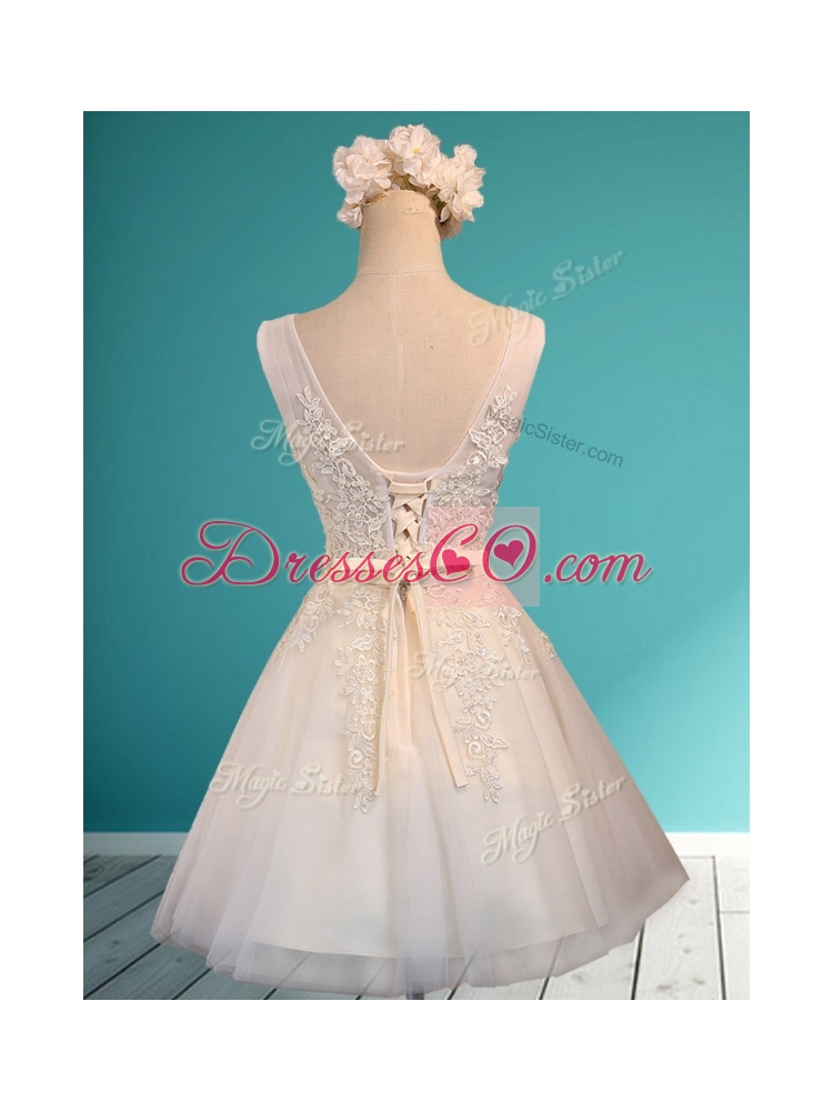 Gorgeous White Deep V Neckline Bridesmaid Dress with Appliques and Belt