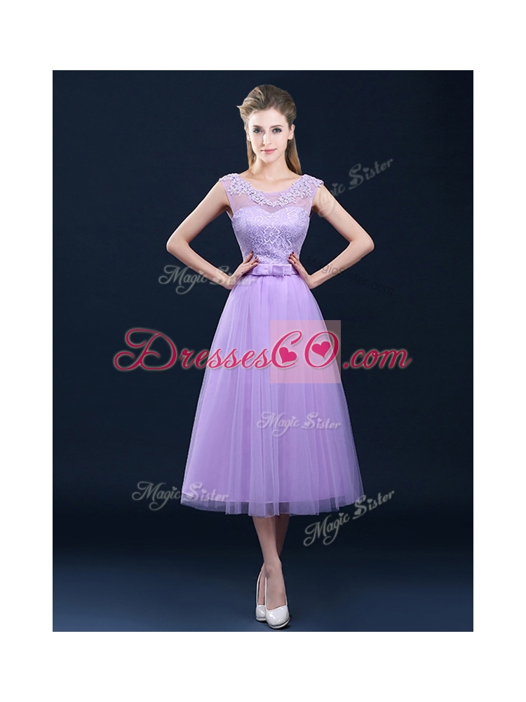 Popular See Through Applique and Belt Bridesmaid Dress in Tulle