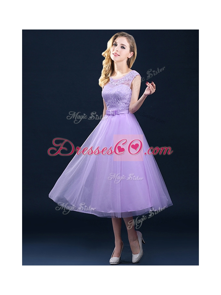 Popular See Through Applique and Belt Bridesmaid Dress in Tulle