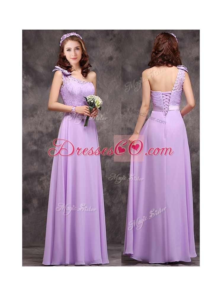 Pretty One Shoulder Lavender Bridesmaid Dress with Applique Decorated Waist