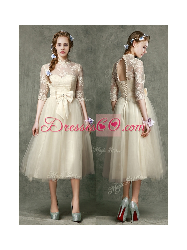 See Through High Neck Half Sleeves Bridesmaid Dress with Lace and Bowknot