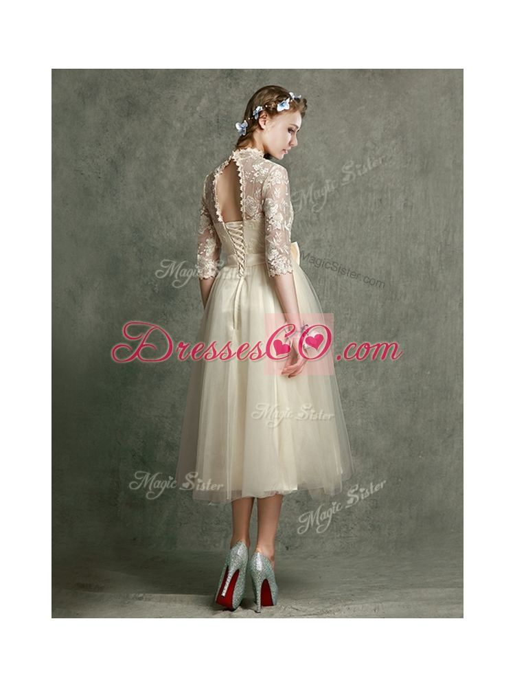See Through High Neck Half Sleeves Bridesmaid Dress with Lace and Bowknot