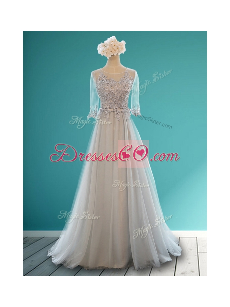 See Through Scoop Half Sleeves Bridesmaid Dress with Appliques and Belt