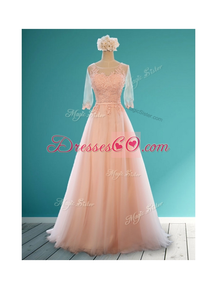 See Through Scoop Half Sleeves Bridesmaid Dress with Appliques and Belt