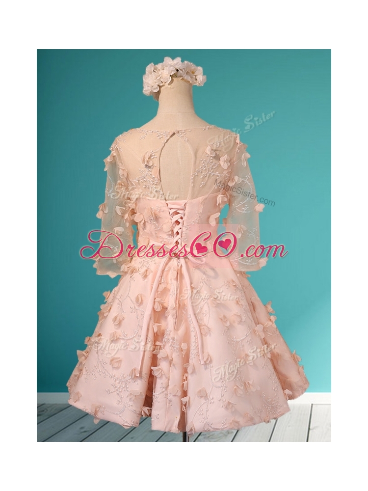 Wonderful Applique and Belted Scoop Short Bridesmaid Dress in Peach