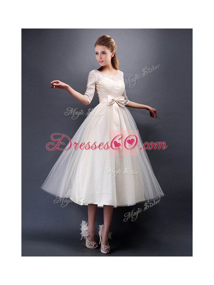 Wonderful See Through Scoop Half Sleeves Bridesmaid Dress with Bowknot
