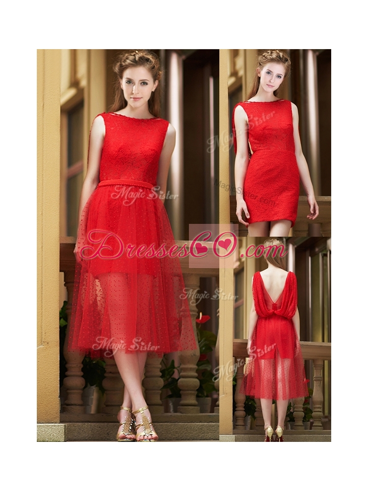 Exclusive Bateau Lace Tea Length Dama Dress in Red