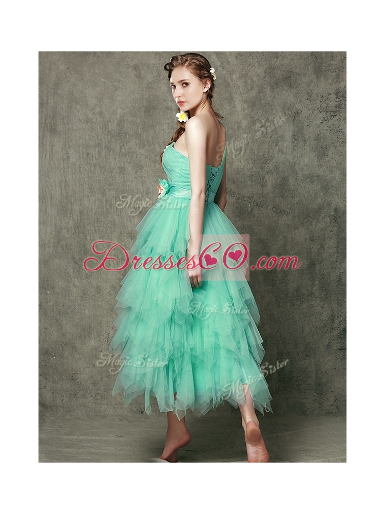 Popular One Shoulder Dama Dress with Ruffled Layers and Hand Made Flowers