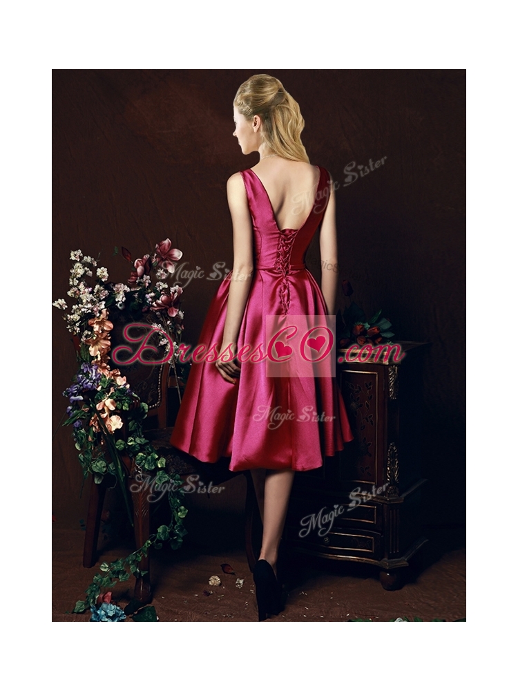 Popular V Neck Knee Length Bowknot Dama Dress in Fuchsia