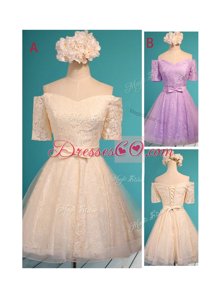 Pretty Off the Shoulder Short Sleeves Champagne Dama Dress with Bowknot