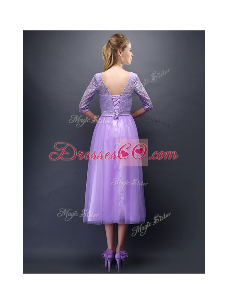 Cheap See Through Scoop Half Sleeves Prom Dress with Bowknot