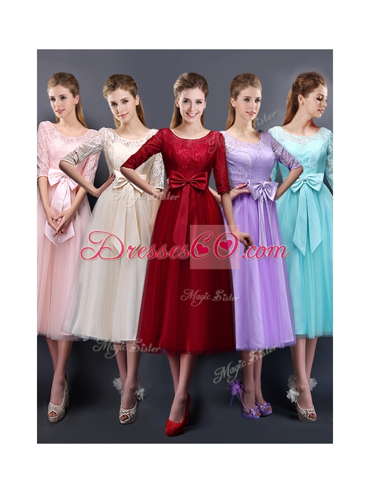Cheap See Through Scoop Half Sleeves Prom Dress with Bowknot