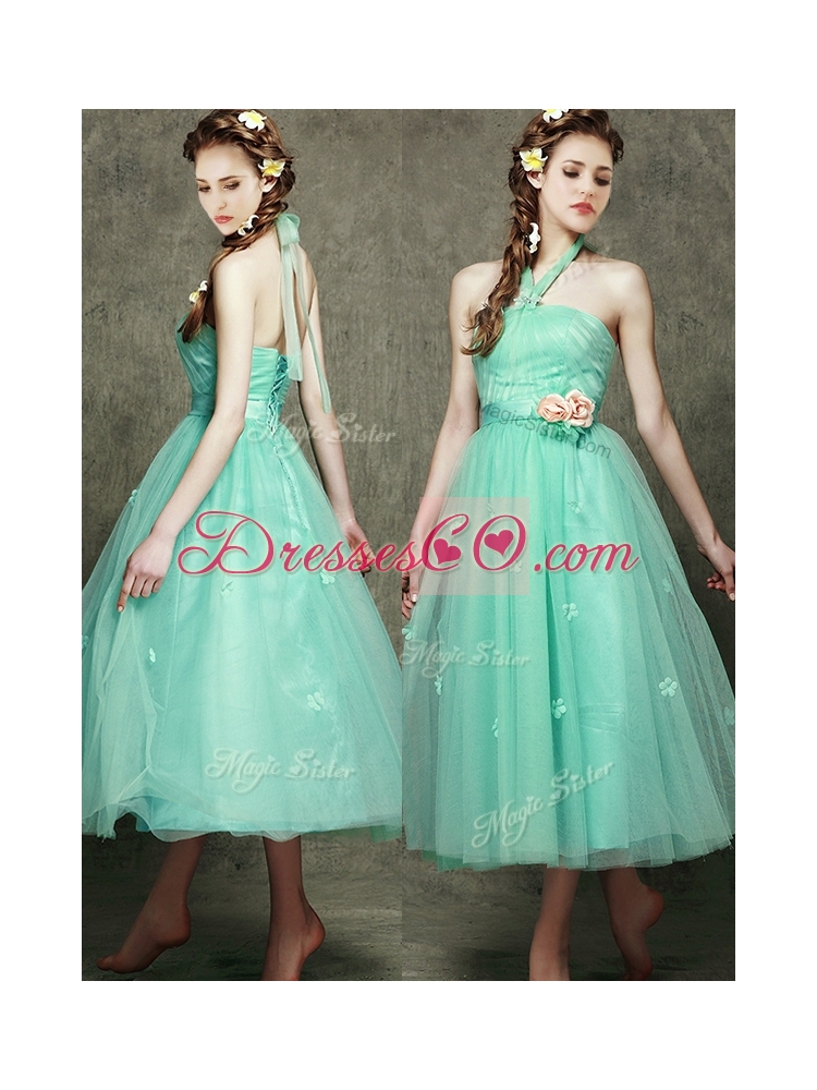 Discount Halter Top Prom Dress with Appliques and Hand Made Flowers