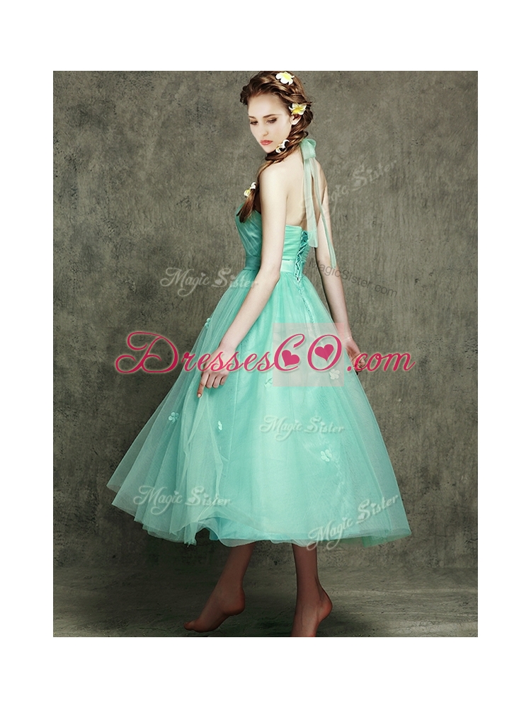 Discount Halter Top Prom Dress with Appliques and Hand Made Flowers