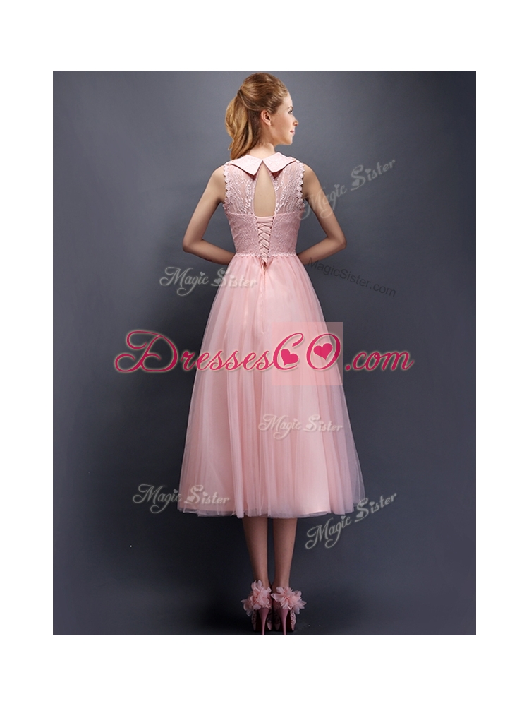 Discount Hand Made Flowers and Laced High Neck Prom Dress in Baby Pink