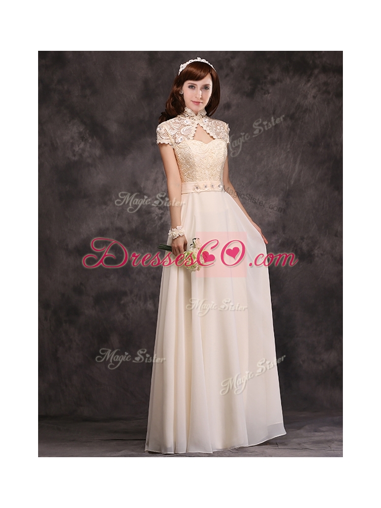 Discount High Neck Applique and Laced Dama Dress with Cap Sleeves