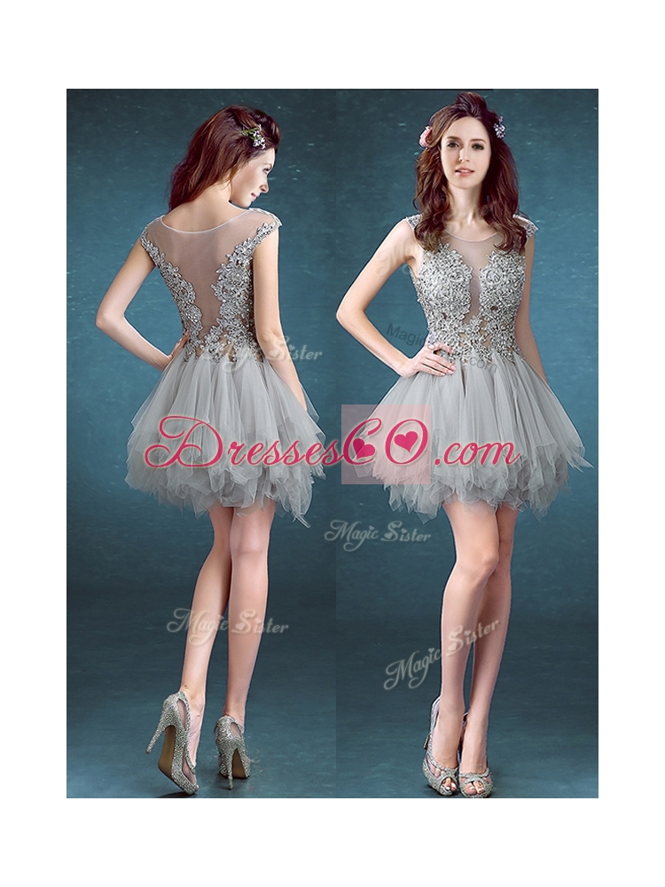 Gorgeous Scoop Appliques and Ruffles Prom Dress in Grey
