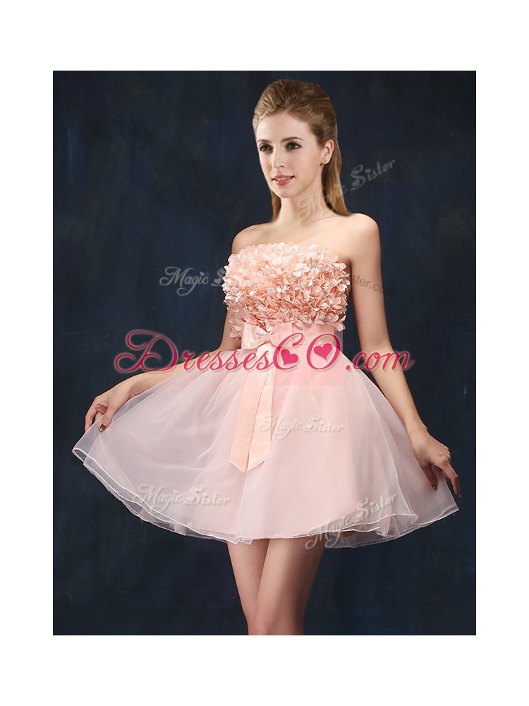 Lovely Baby Pink Short Prom Dress with Bowknot and Hand Made Flowers
