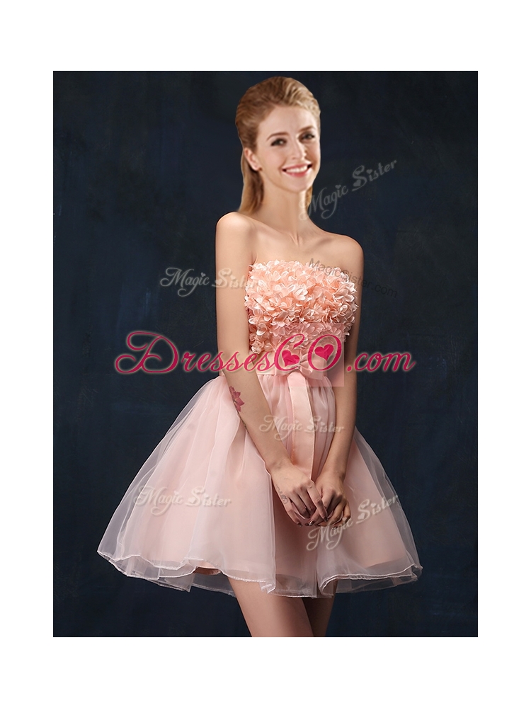 Lovely Baby Pink Short Prom Dress with Bowknot and Hand Made Flowers