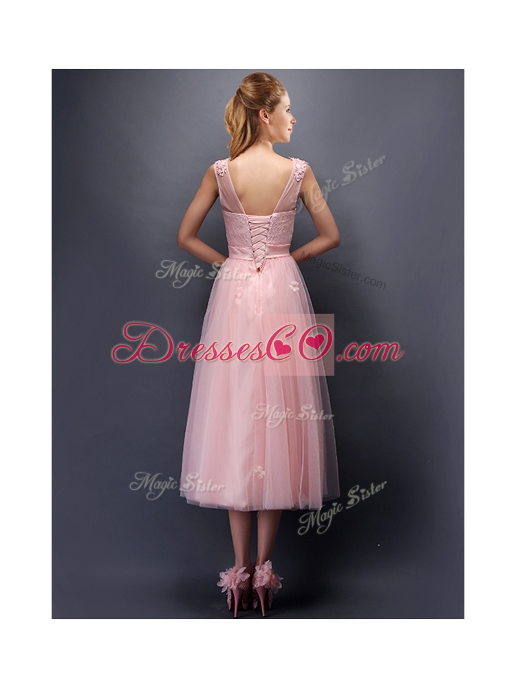 Lovely Hand Made Flowers and Applique Scoop Prom Dress in Baby Pink