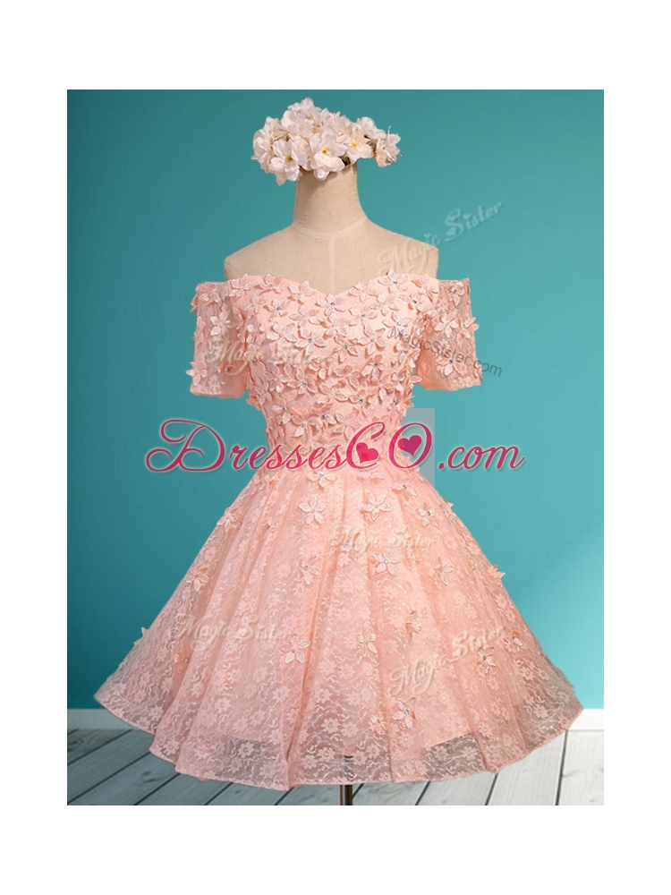 Lovely Off the Shoulder Short Sleeves Prom Dress with Appliques and Beading