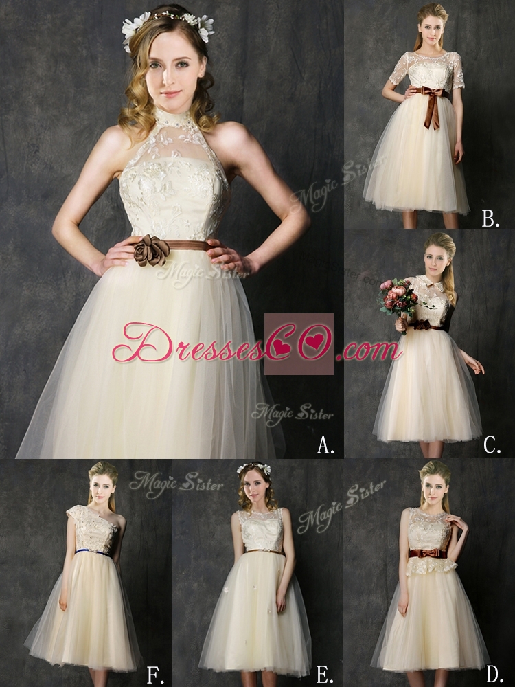 New Arrivals Knee Length Champagne Prom Dress with Lace