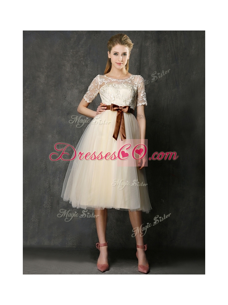 New Arrivals Knee Length Champagne Prom Dress with Lace