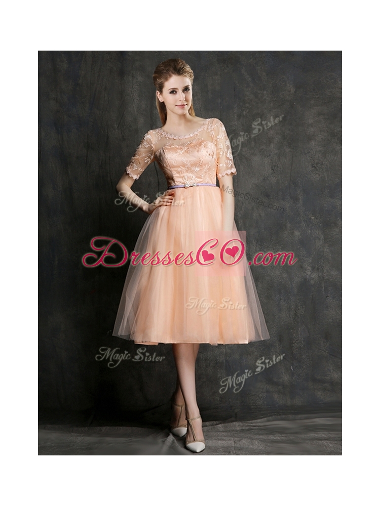 New Scoop Half Sleeves Prom Dress with Sashes and Lace