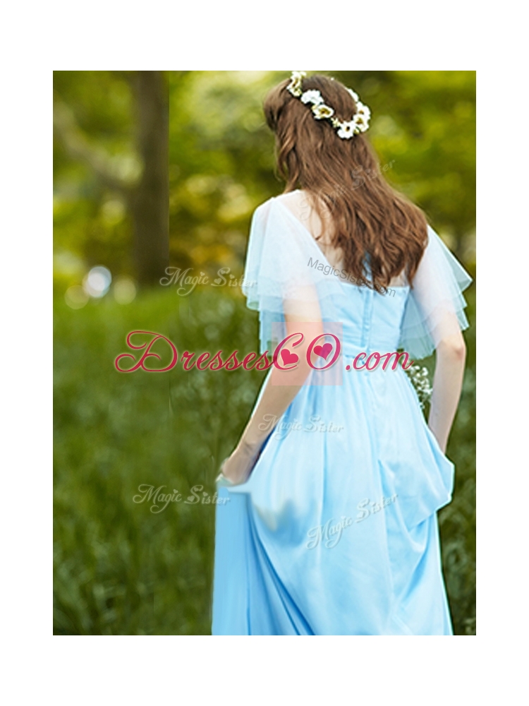 See Through Bateau Short Sleeves Prom Dress with Appliques