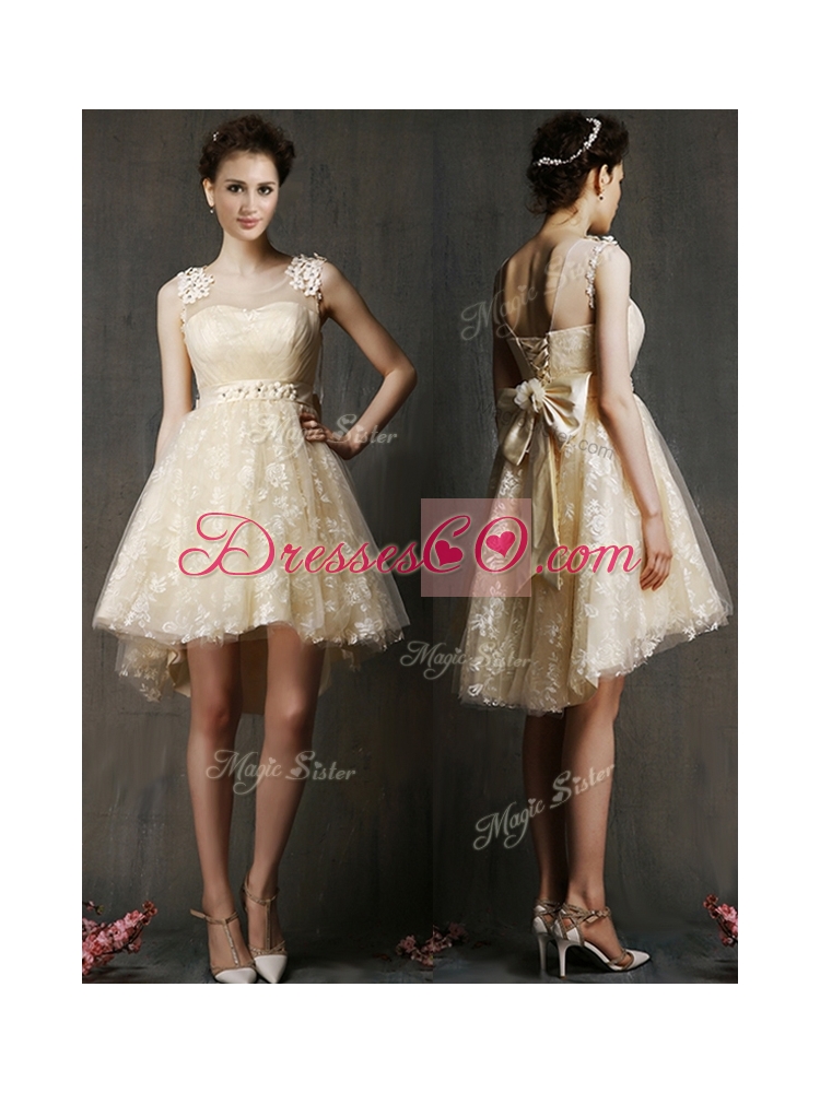See Through Scoop Champagne Prom Dress with Hand Made Flowers and Bowknot