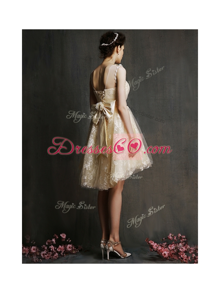 See Through Scoop Champagne Prom Dress with Hand Made Flowers and Bowknot