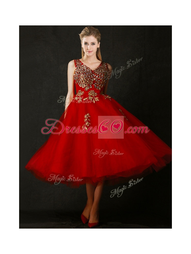 Beautiful V Neck Tea Length Prom Dress with Beading and Appliques