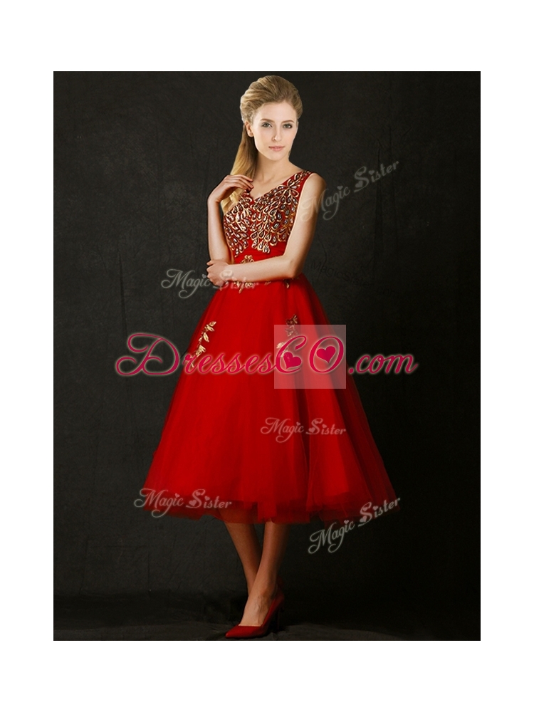 Beautiful V Neck Tea Length Prom Dress with Beading and Appliques