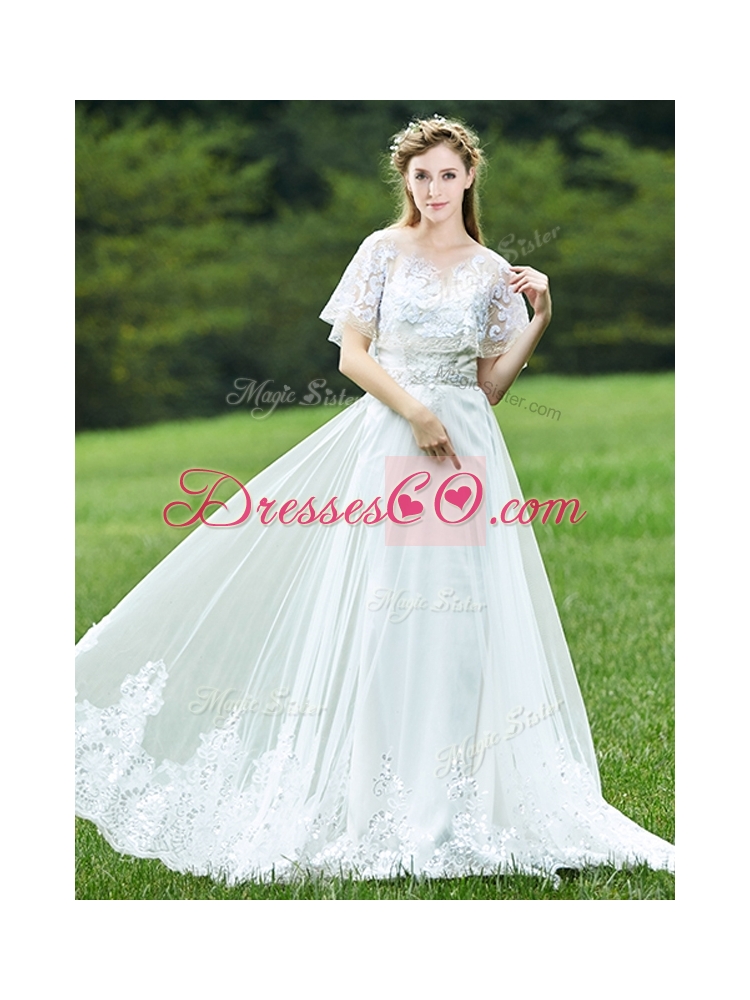 Cheap A Line Applique White Prom Dress with Brush Train