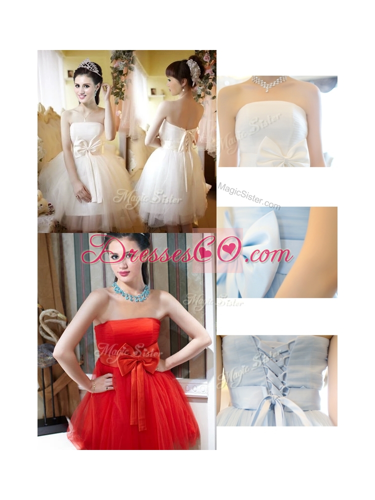 Elegant A Line Strapless Bowknot Short Prom Dress in Light Blue