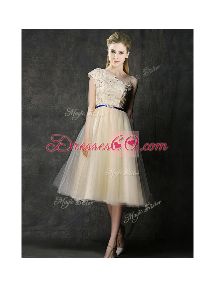 Elegant One Shoulder Sashes and Appliques Prom Dress in Champagne