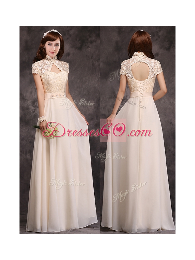 Hot Sale High Neck Champagne Prom Dress with Appliques and Lace