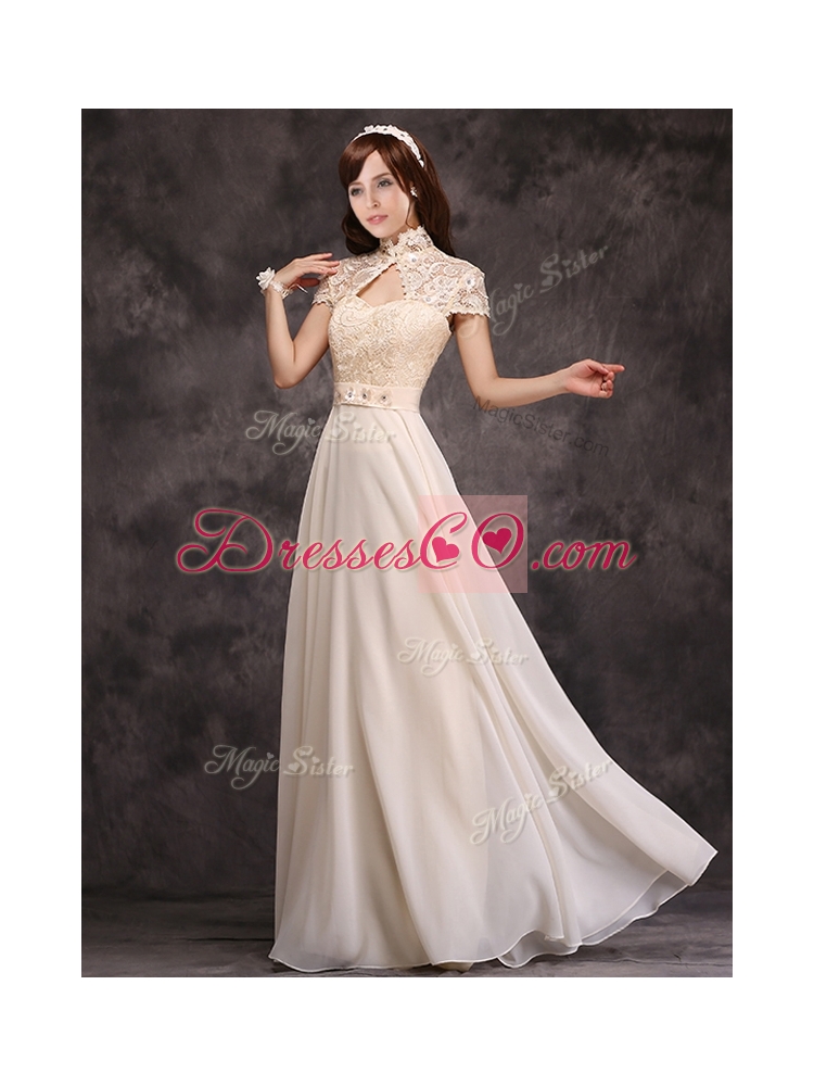 Hot Sale High Neck Champagne Prom Dress with Appliques and Lace
