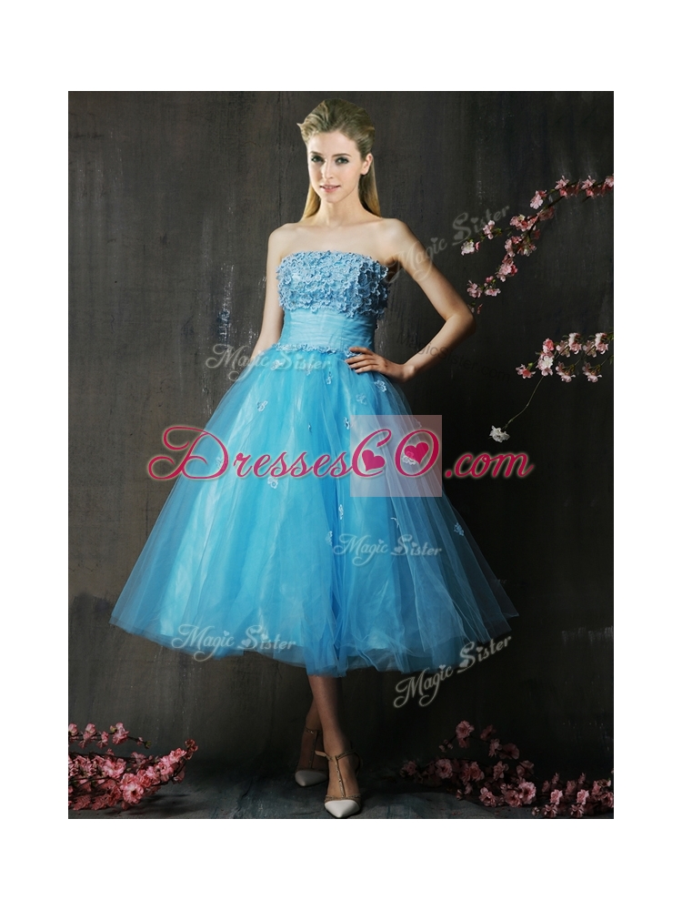 Lovely Strapless Applique Bust Baby Blue Prom Dress in Tea Length