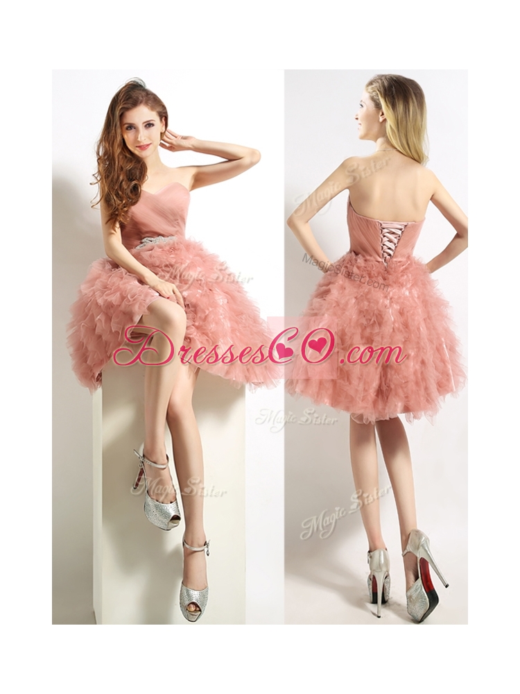 Classical Beaded and Ruffled Short Prom Dress in Peach