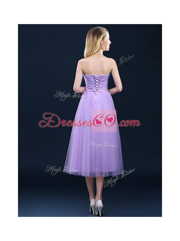 Discount Tea Length Tulle Lavender Prom Dress with Belt
