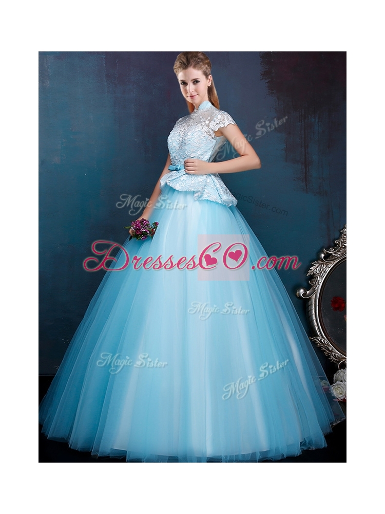 Elegant High Neck Cap Sleeves Prom Dress with Bowknot and Lace
