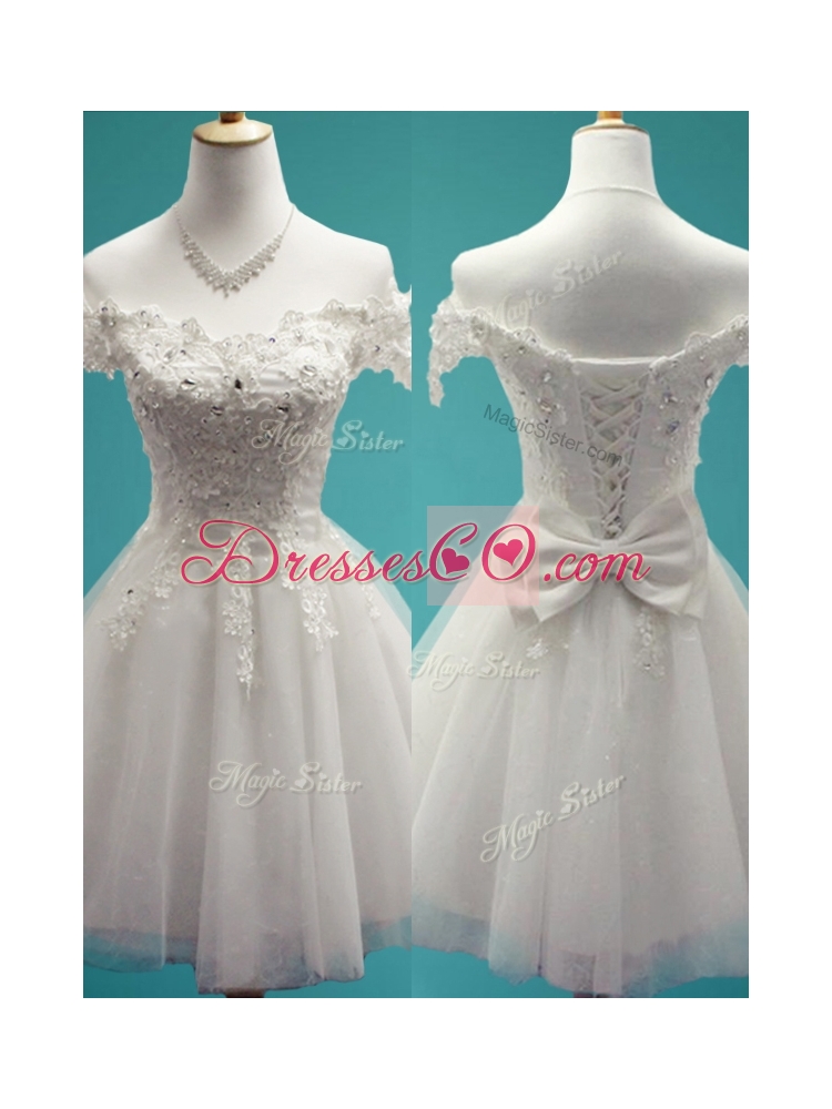 Gorgeous White Off the Shoulder Cap Sleeves Prom Dress with Beading and Bowknot