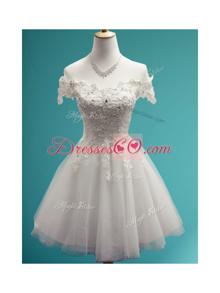 Gorgeous White Off the Shoulder Cap Sleeves Prom Dress with Beading and Bowknot